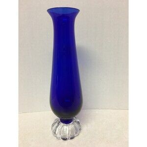 Cobalt Blue Glass Bud Vase with Clear Swirled Base 9.25" H